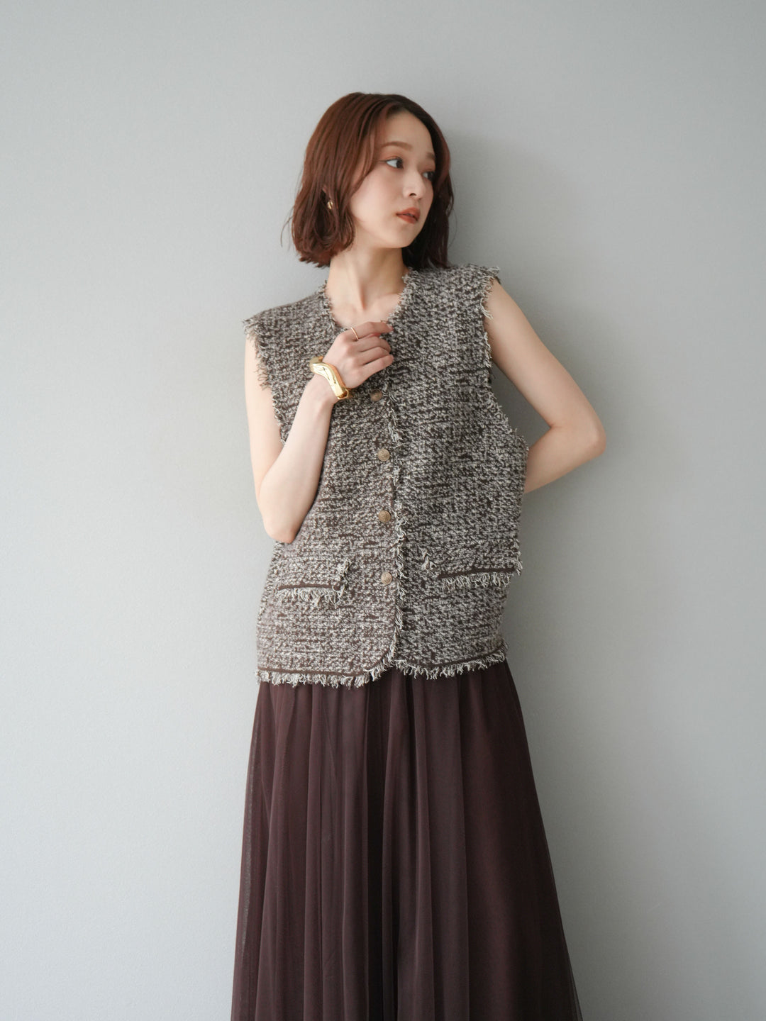 [予約]ミックスツイードフリンジニットベスト/ブラウン