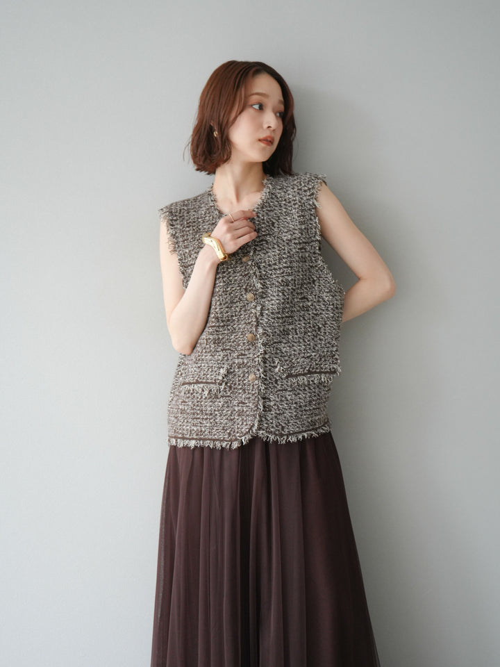 [予約]ミックスツイードフリンジニットベスト/ブラウン