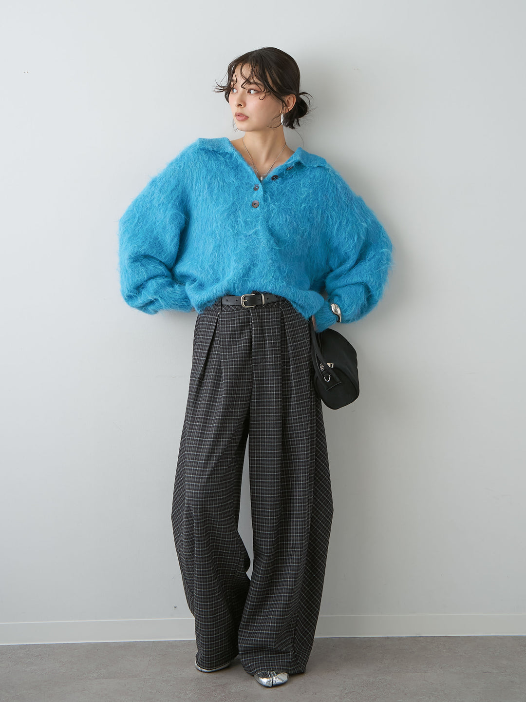 [SET]ヘンリーシャギーニットトップス+チェックタックワイドパンツ(2set)