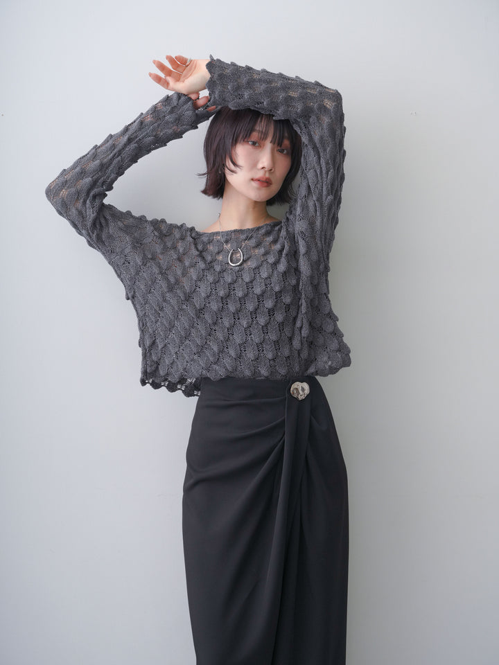 [SET]テクスチャードスカラップニットトップス+シルバーモチーフドレープパンツ(2set)
