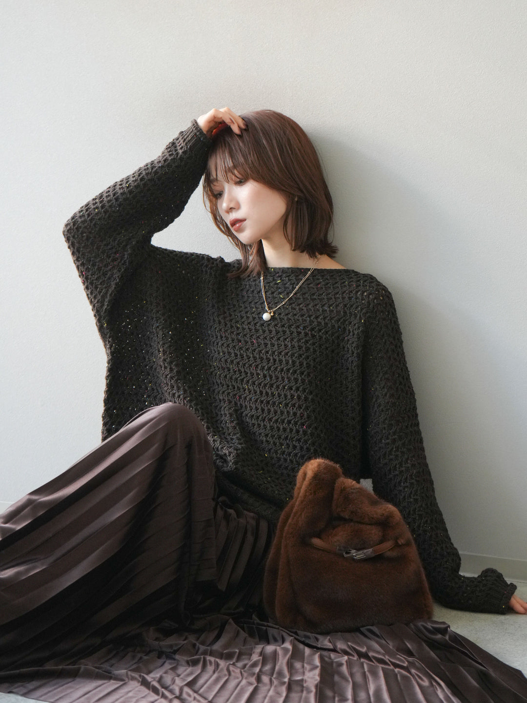 [予約]ネップ透かし編みオーバーニット/brown