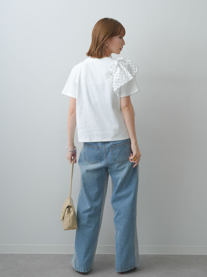 [SET]ドットギャザーフリルデザインTEE+デニム切替スウェットパンツ(2set)