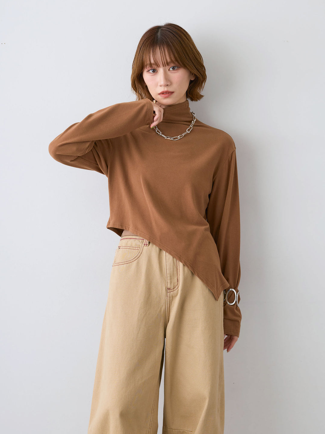 [SET]モックネックアシメヘムトップス+カラーステッチワイドパンツ(2set)