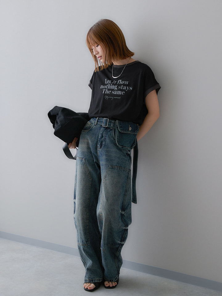 [SET]シアースラブバイカラーフレンチTEE+マルチポーチ付立体カーブデニム(2set)