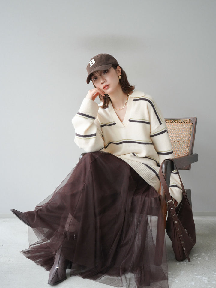 [SET]ポロ襟スキッパーボーダーニットプルオーバー+チュールボリュームスカート(2set)