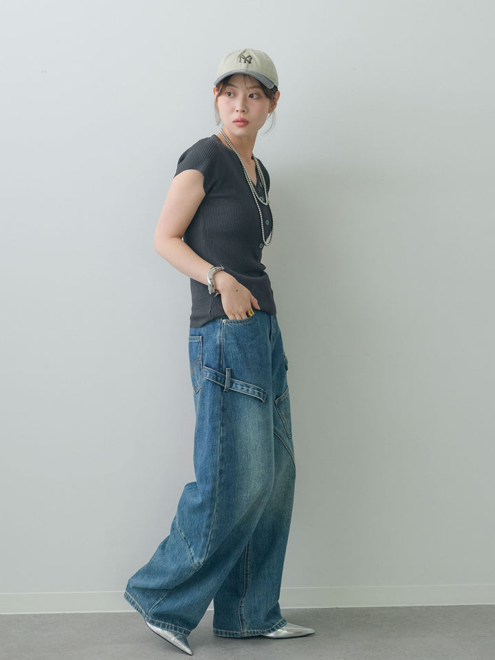 [SET]ネックレイヤードヘンリーVネックリブニットトップス+ペインターカーブデニムパンツ(2set)