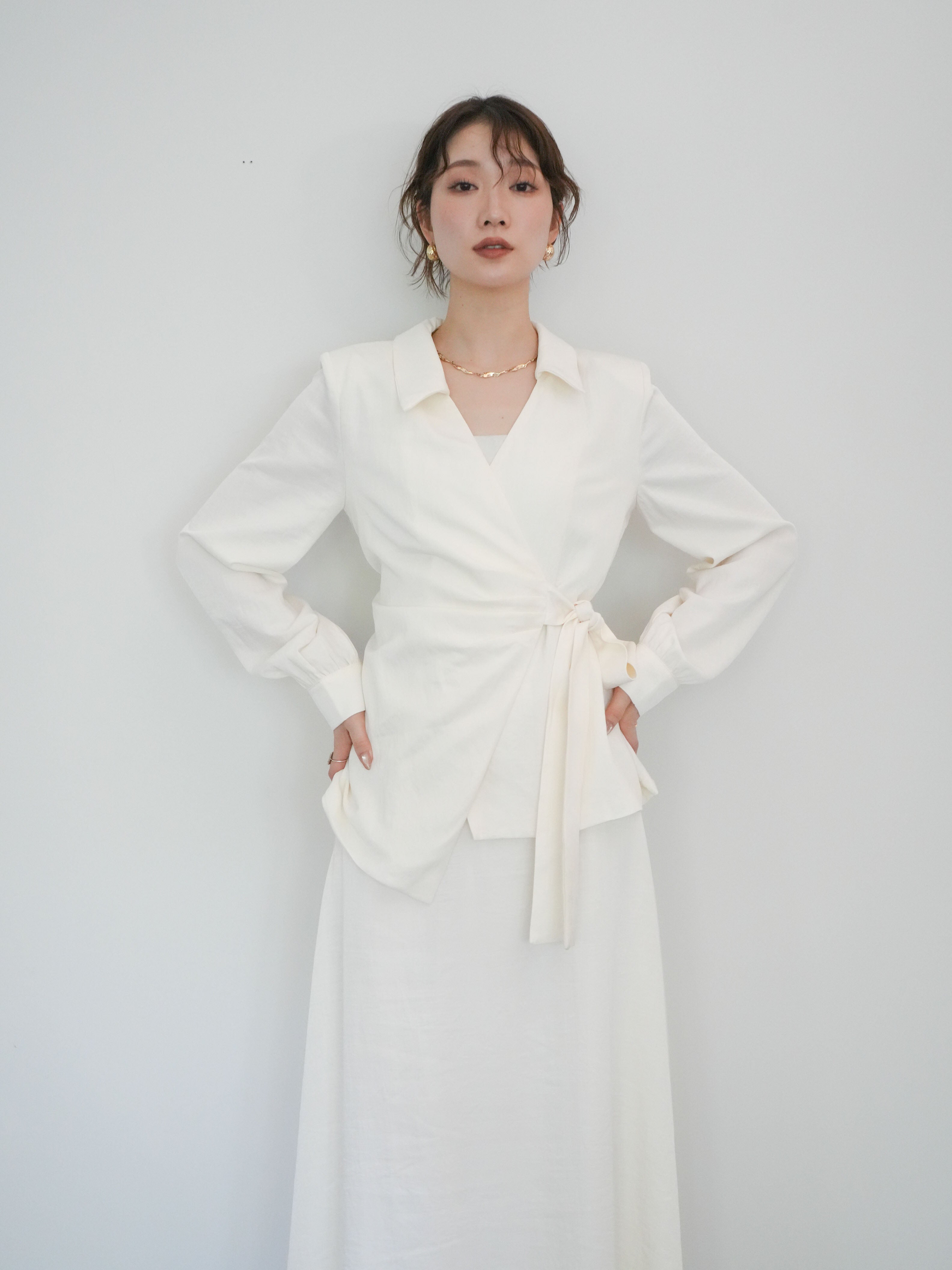 SET]バックレースカシュクールブラウス&ナローフレアマキシスカートSET