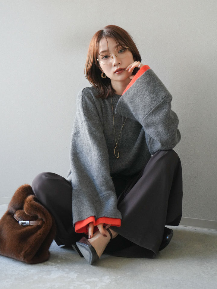 [予約]袖レイヤード配色ニットプルオーバー/charcoal