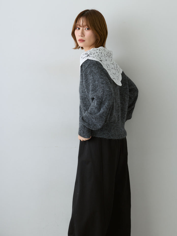 [SET]モヘアレースショールカラーカーディガン+カットオフスウェットワイドパンツ(2set)