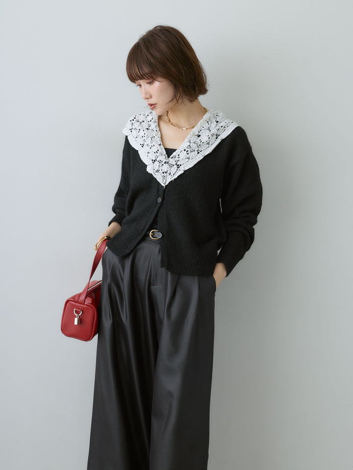 [SET]モヘアレースショールカラーカーディガン+サテンタックワイドパンツ(2set)