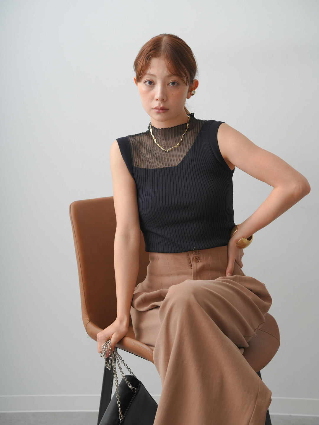 [SET]シアーリブボトルネックノースリニットトップス+選べるアクセセット(2set)