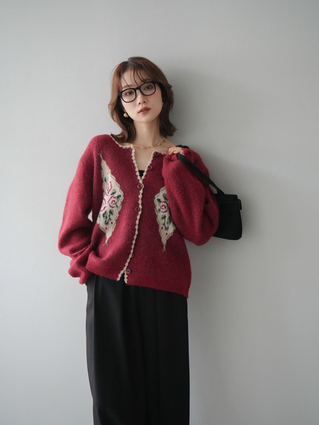 [予約]アンティークフラワージャガードニットカーディガン/red