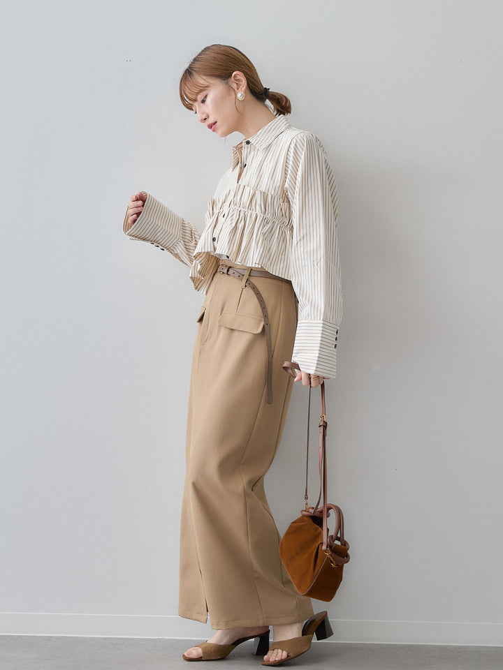[SET]ストライプフリルシャツ+クレープデシンフラップ付きストレートスカート(2set)