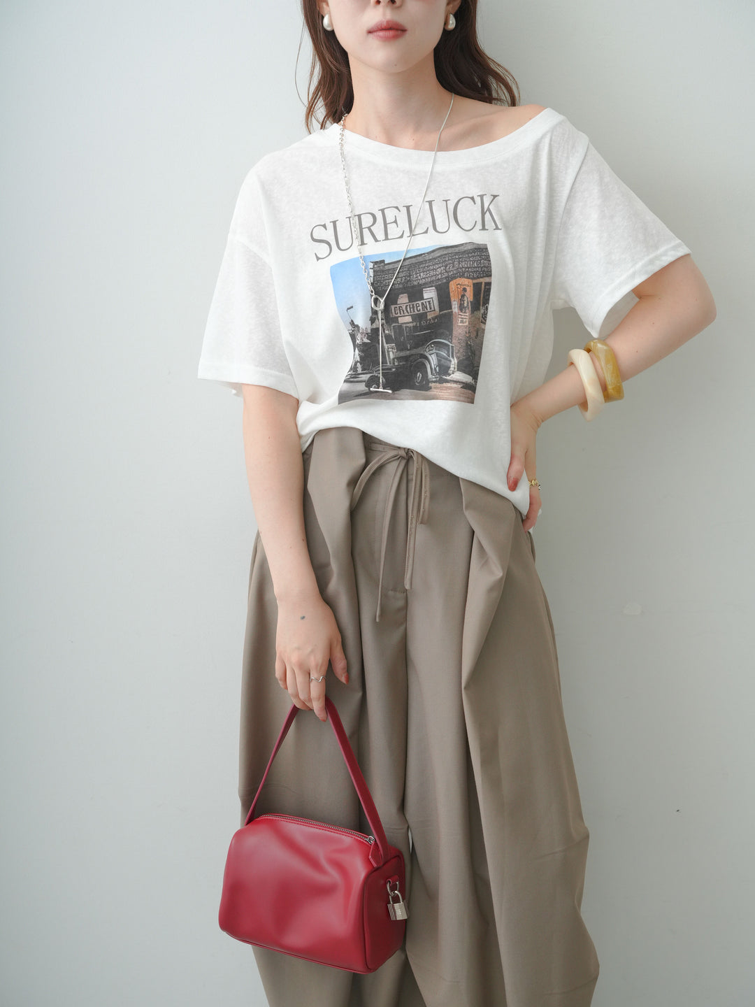 [SET]ワイドネックプリントTEE+ベルトループカーブタックワイドパンツ(2set)