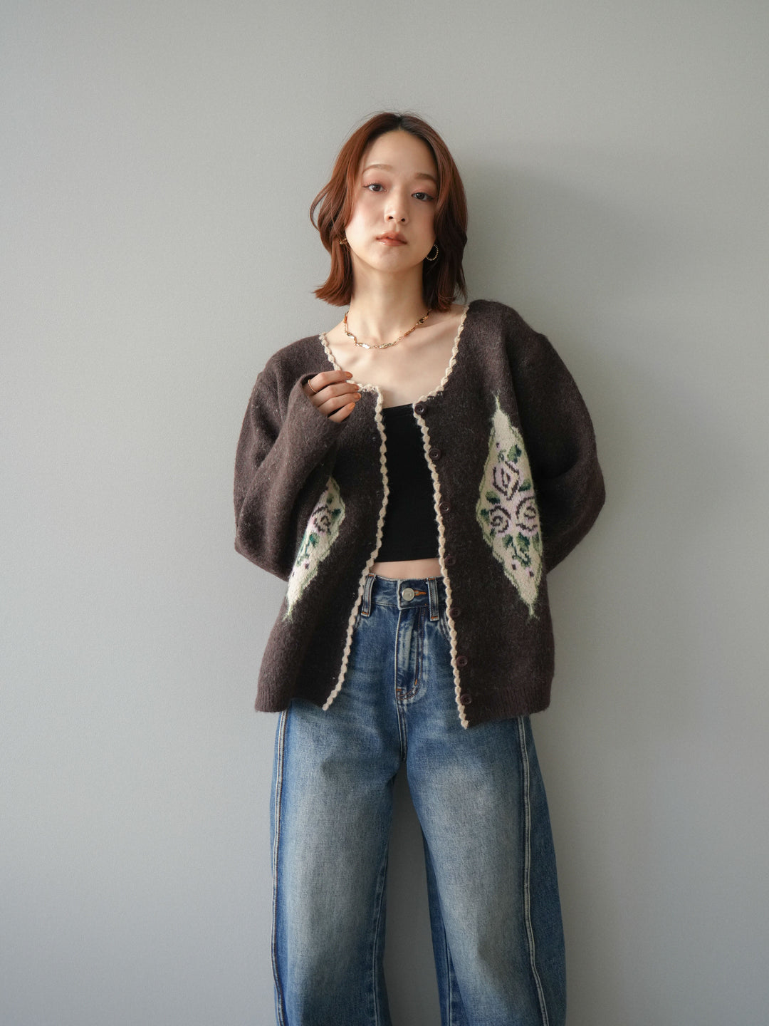 [予約]アンティークフラワージャガードニットカーディガン/brown