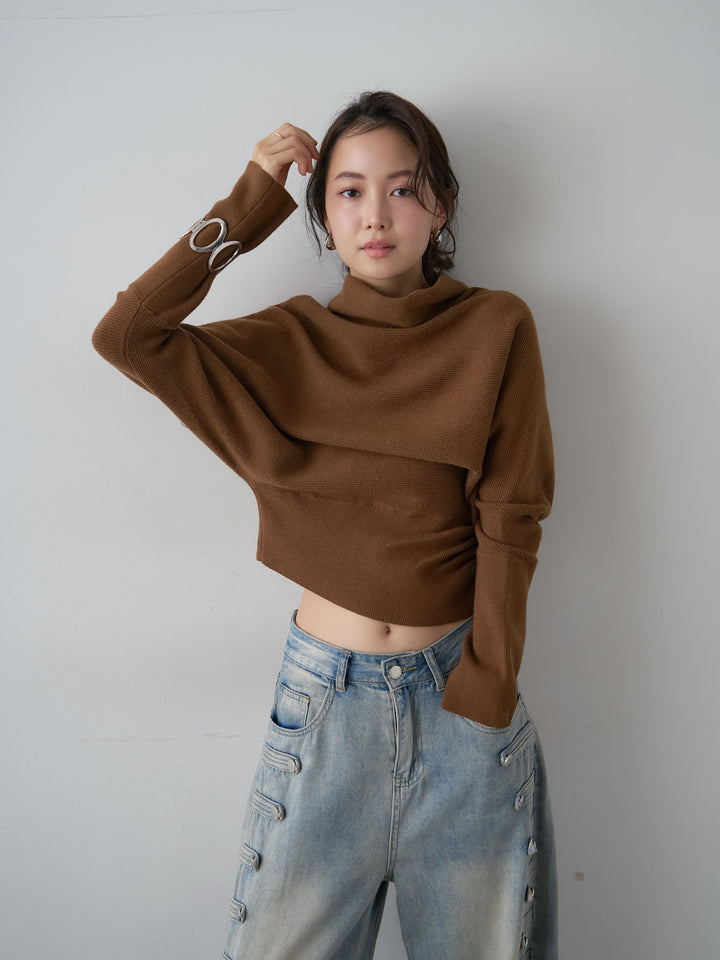[SET]ハイネックサイドボタンギャザーニットトップス+ハイネックサイドボタンギャザーニットトップス(2set)
