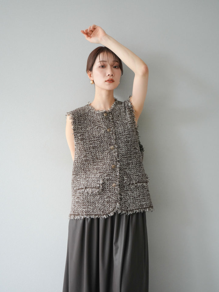 [予約]ミックスツイードフリンジニットベスト/ブラウン