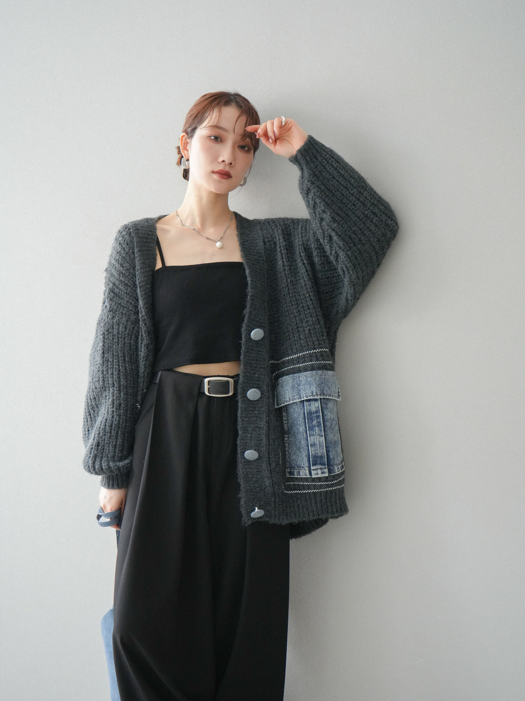 [予約]デニムポケットハンドステッチカーディガン/gray