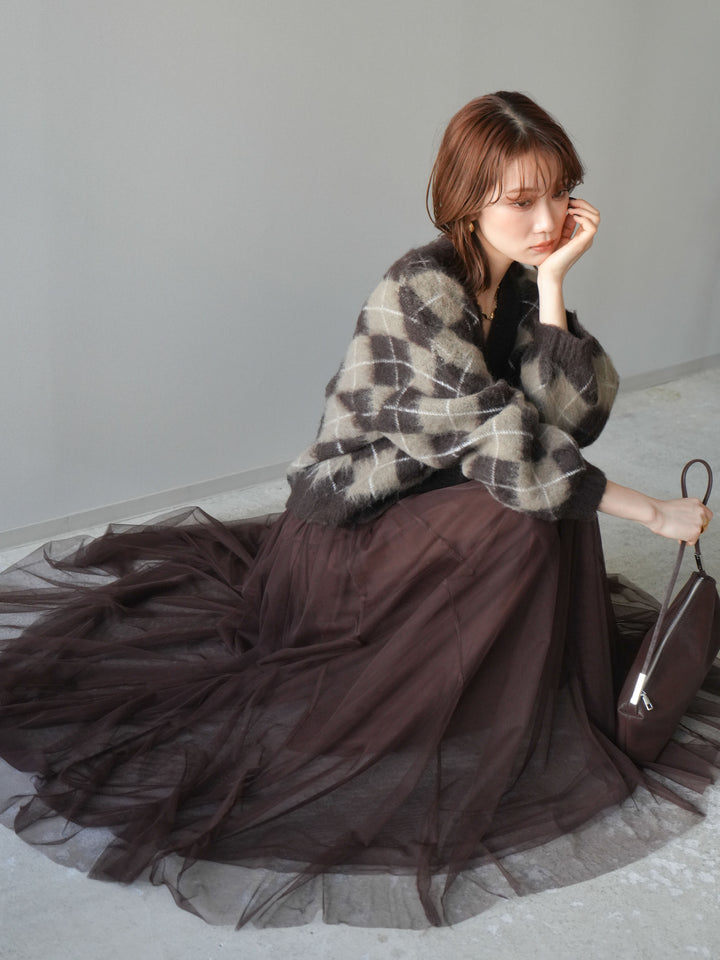 [予約]アーガイルシャギーニットカーディガン/brown