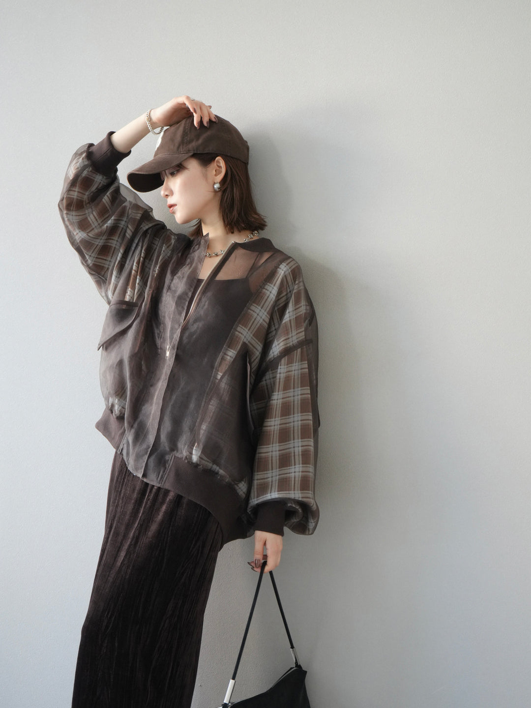 [預購] 格紋薄紗對接外套/棕色