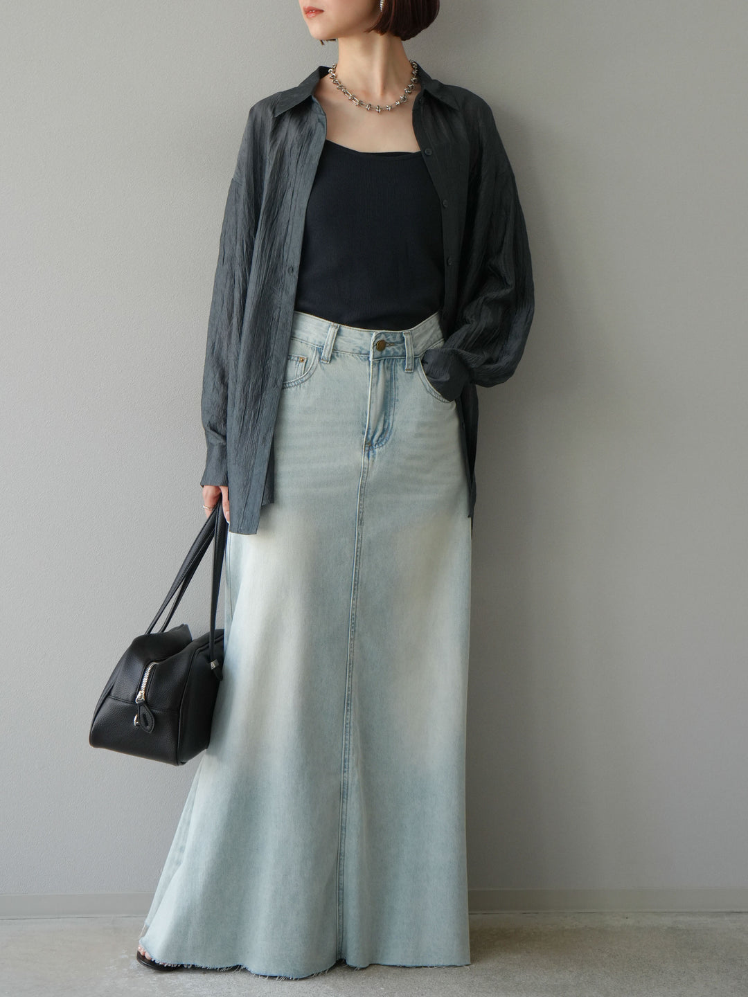 [予約]Aラインカットオフデニムスカート/ライトブルー