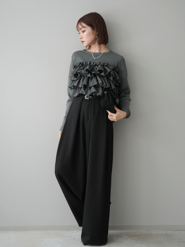 [SET]フリルビスチェドッキングスポンジニットプルオーバー+ストーンフォークリング(2set)