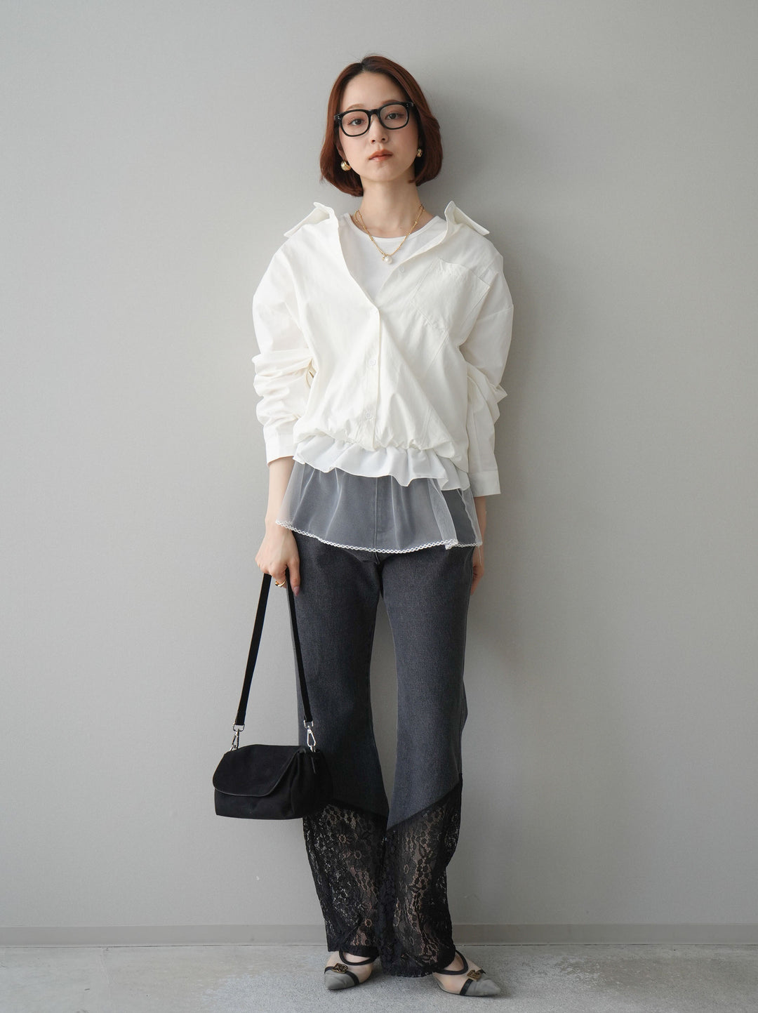 [予約]レース切替フレアデニムパンツ/black