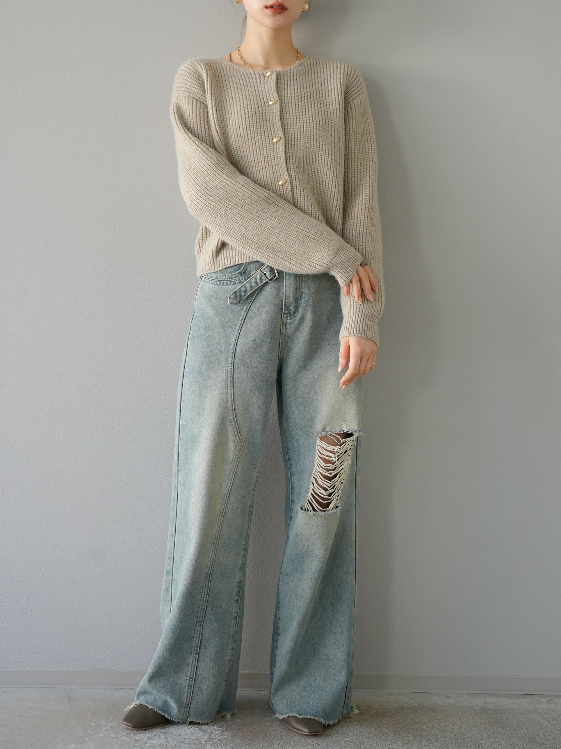 SET]あぜ編みゴールドボタンニットカーディガン+ベルトアシンメトリー