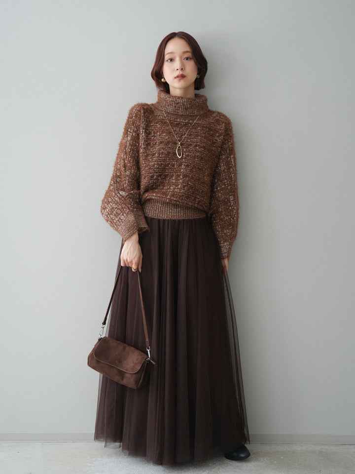 [予約]オフタートルケーブル編みニットプルオーバー/brown