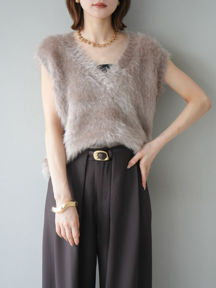 【預購】Lame Shaggy V領針織背心/灰米色