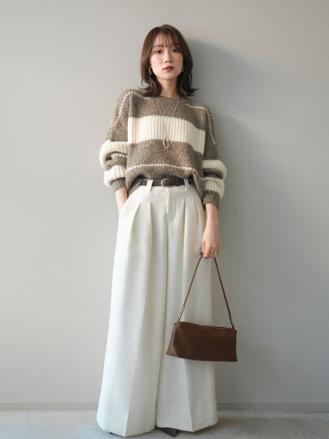 [予約]ネップヤーンボーダーニットプルオーバー/mocha