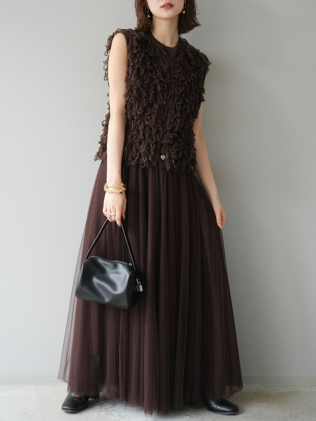 [SET] 前開衩針織背心 + 薄紗蓬鬆裙 (2 件套)