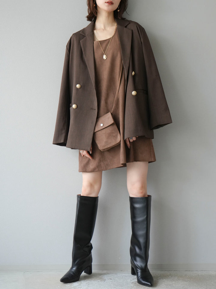 [SET]ゴールドボタンツイルダブルテーラードジャケット+ショルダーポーチ付スウェードミニワンピース(2set)