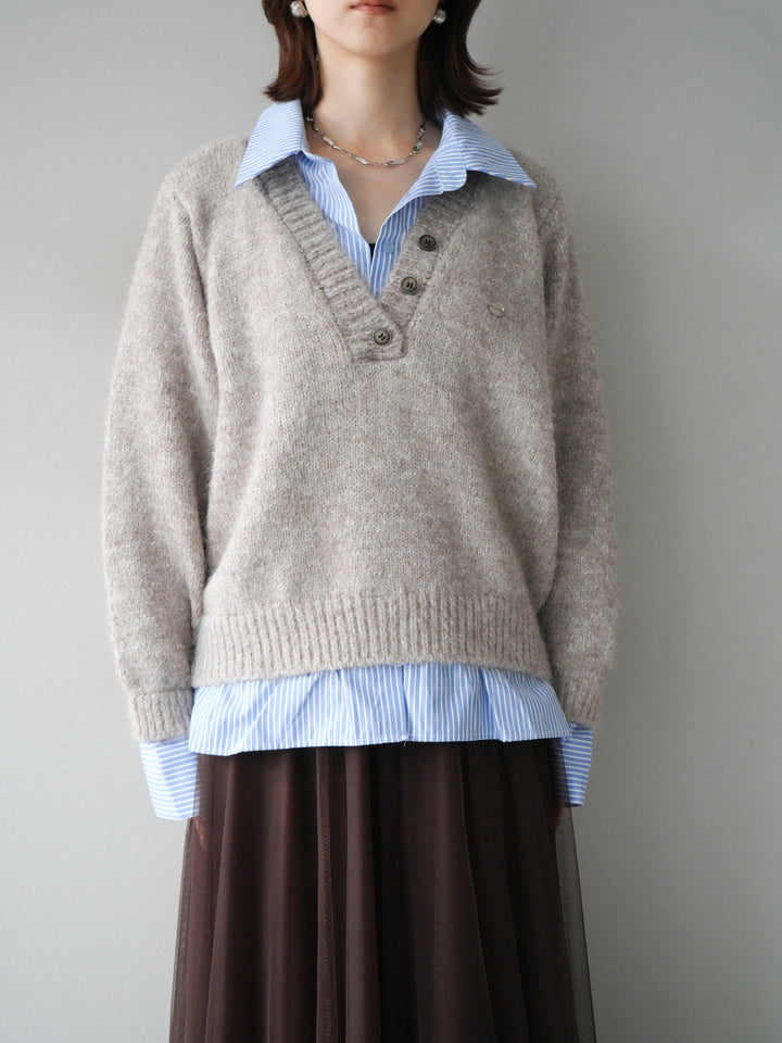 [予約]ストライプシャツドッキングMIXヤーンニットプルオーバー/beige