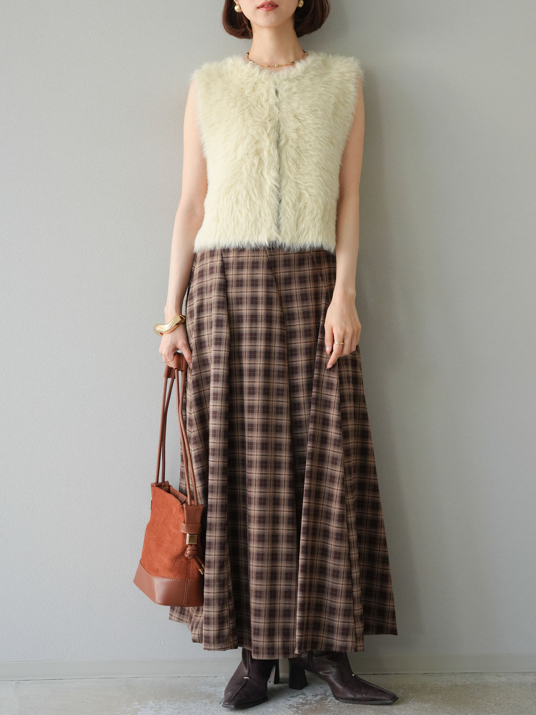 [予約]チェックタックフレアロングスカート/ ブラウン