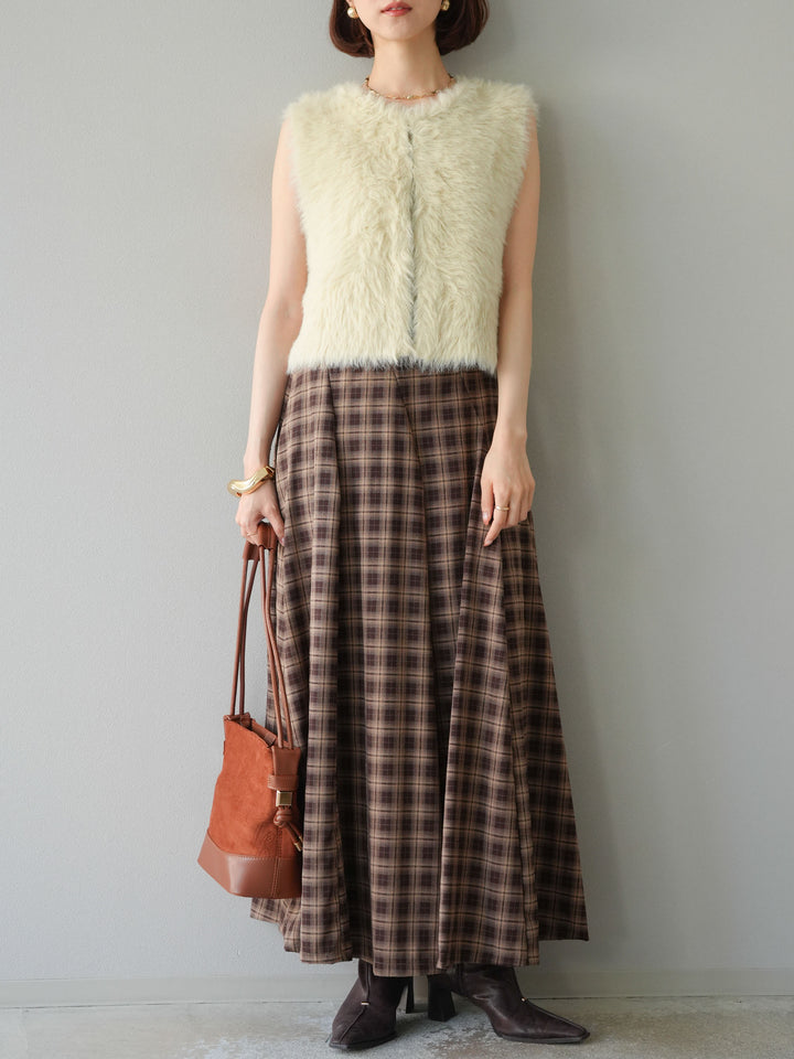 [予約]チェックタックフレアロングスカート/ ブラウン