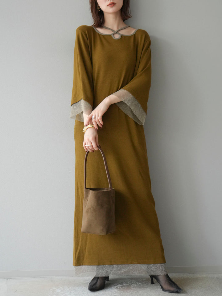 [予約]デザインネックラメシアー切替ニットワンピース/カーキ