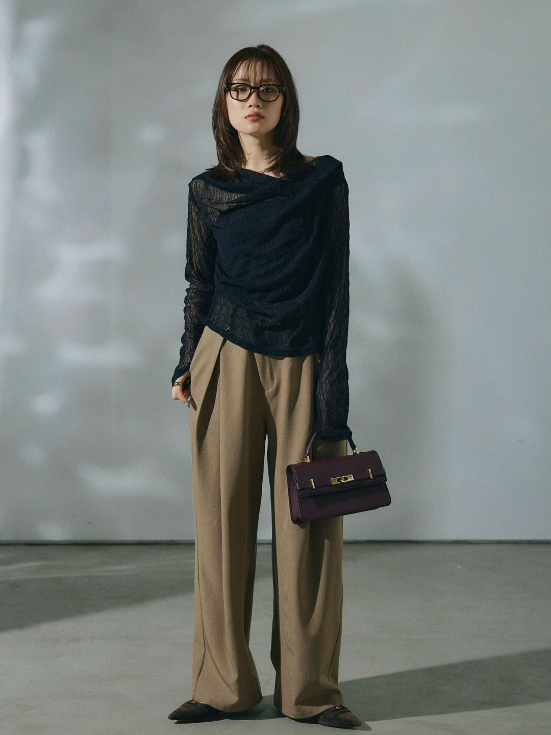 【Allure】[SET]ストレッチレースドレープトップス+アシンメトリーウエストタックパンツ(2set)