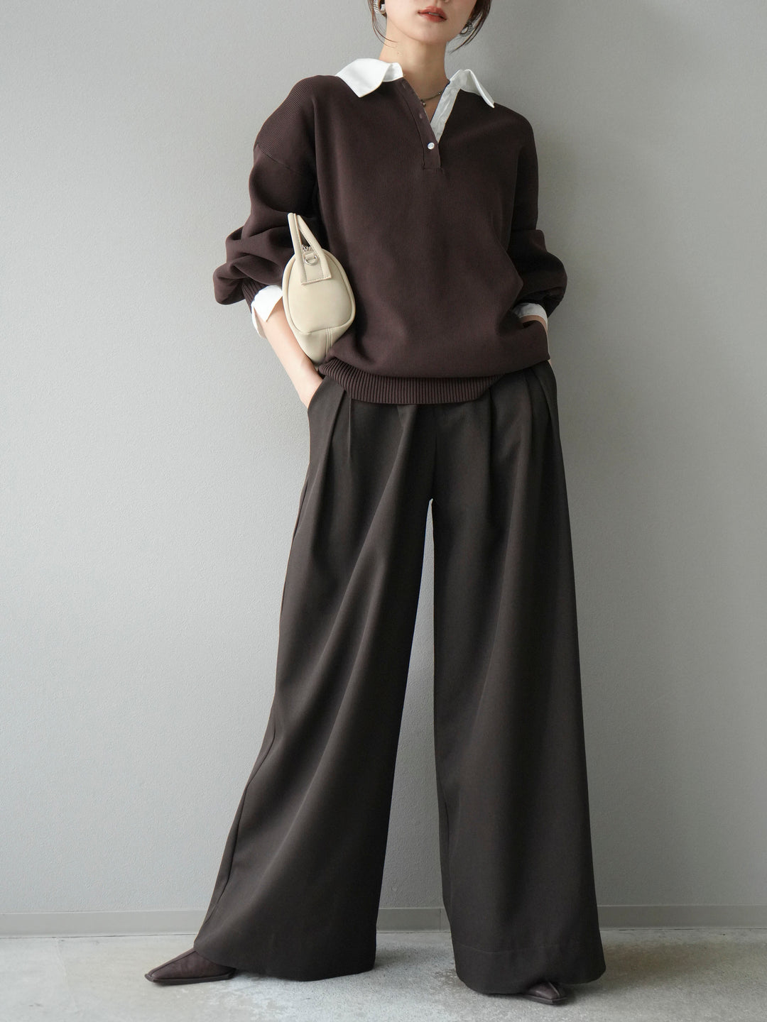 【SET】翻領polo針織套衫+雙褶闊腿褲（2件組）