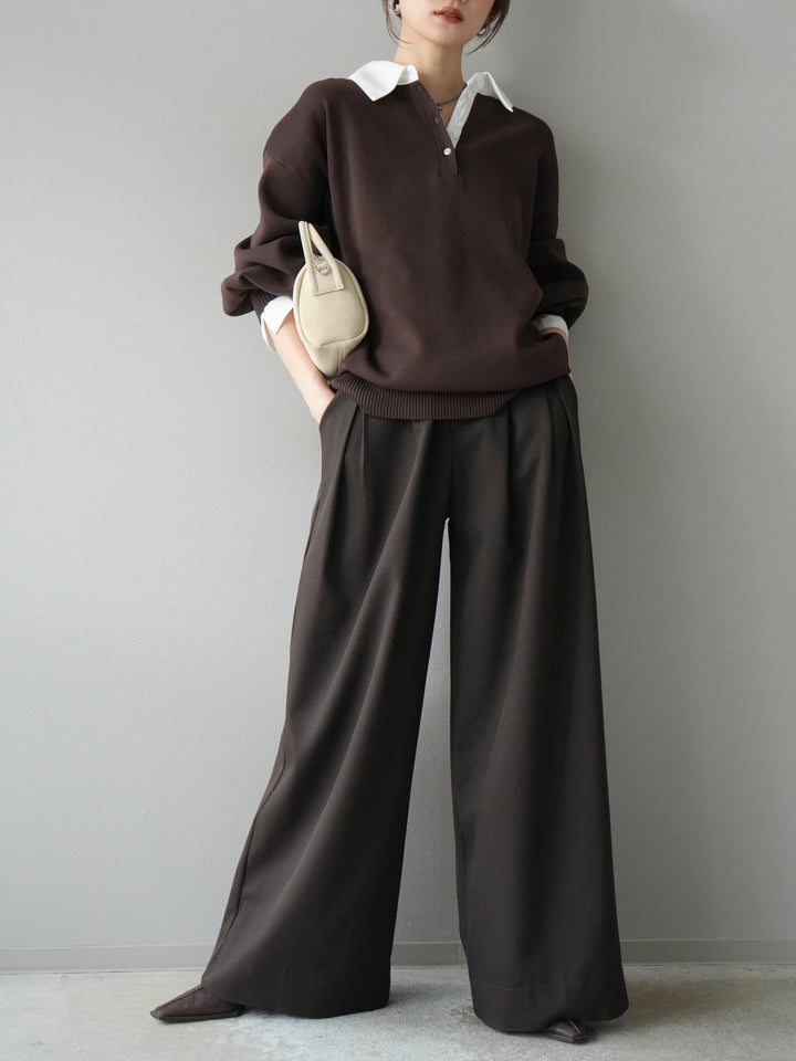 【SET】翻領polo針織套衫+雙褶闊腿褲（2件組）