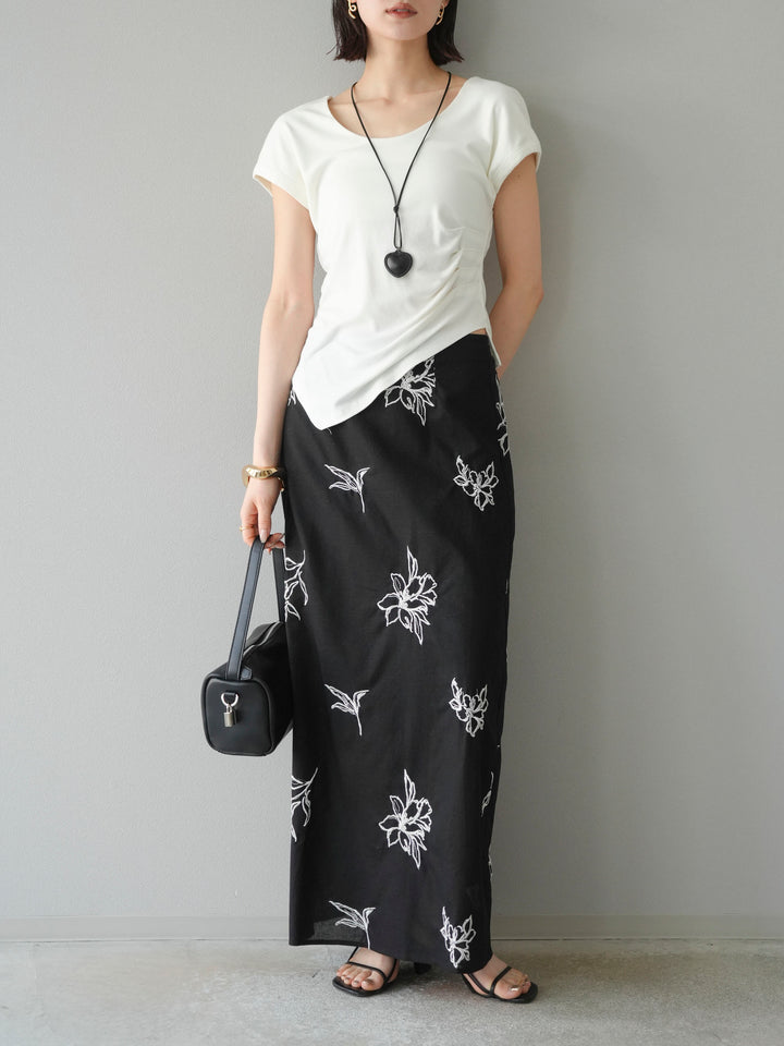 [予約]フラワー刺繍ナロースカート/ブラック