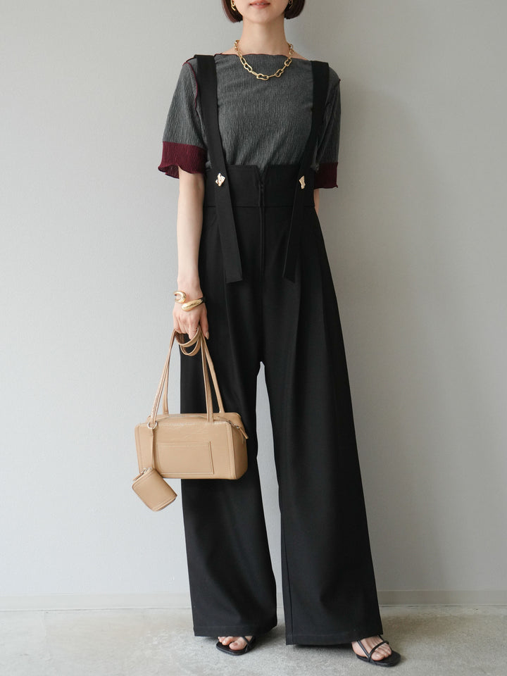 [SET]プリーツ配色ボートネックプルオーバー+ゴールドボタンサスペンダーワイドパンツ(2set)