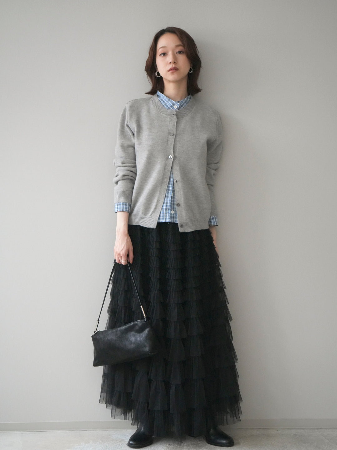 [予約]チェックシャツレイヤードデザインニットカーディガン/gray