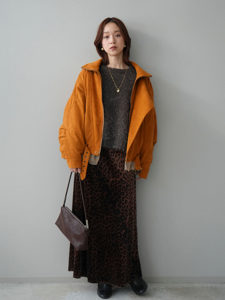 [SET]コーデュロイライダース裾レースブルゾン+モールラメミックスヤーンニットプルオーバー+レオパードベロアナロースカート(3set)