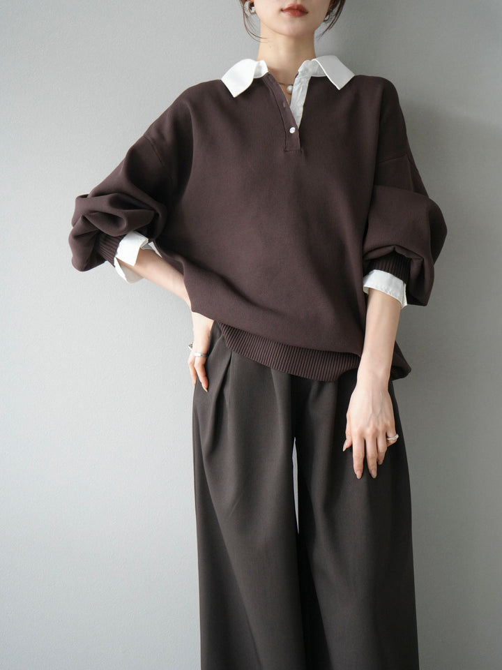 【SET】翻領polo針織套衫+雙褶闊腿褲（2件組）