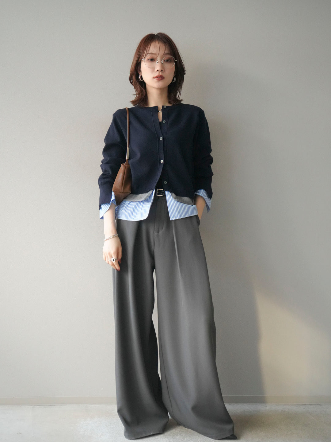 [予約]シャツ襟レイヤードニットカーディガン/navy