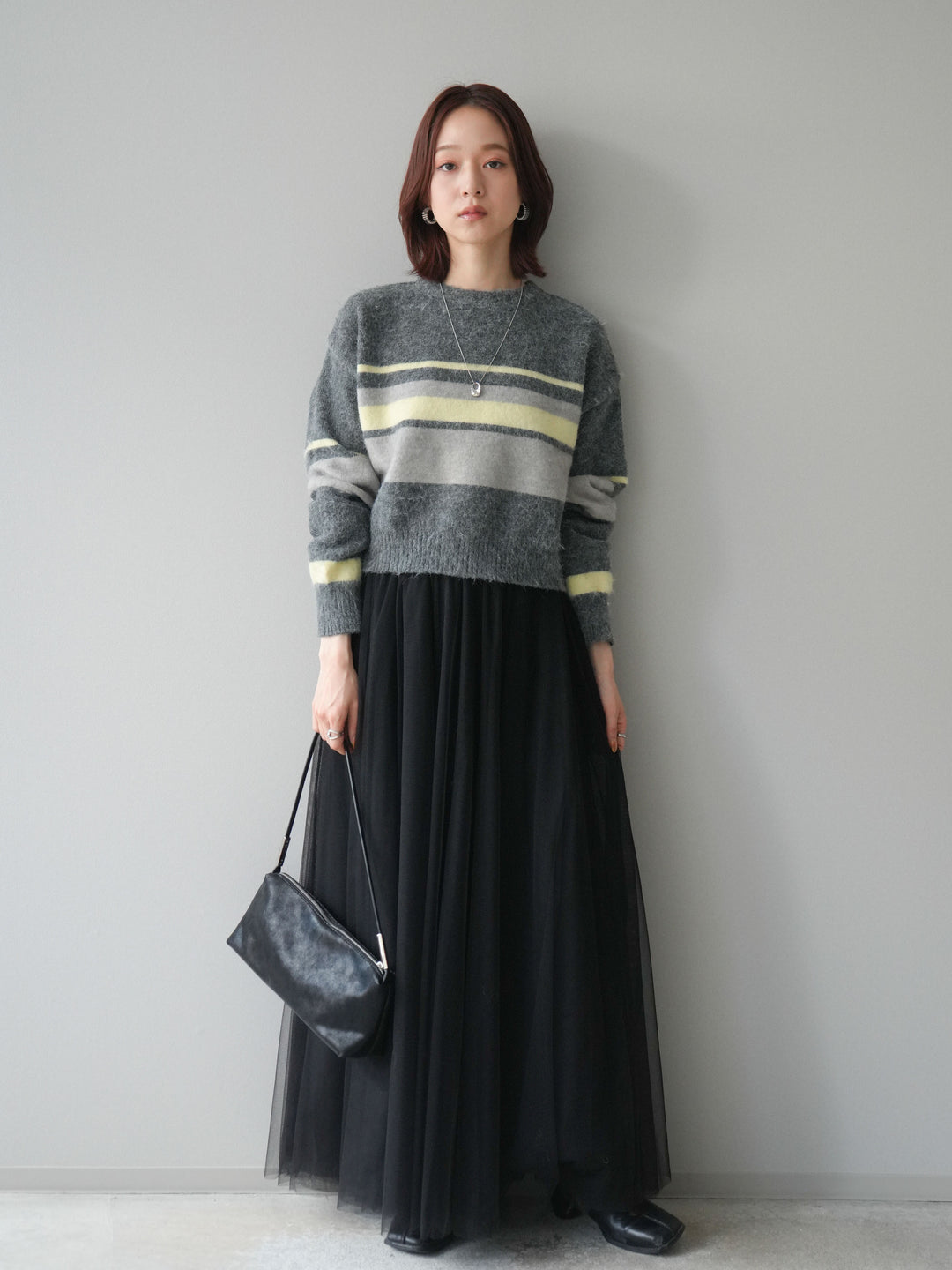 [SET]ソフトタッチボーダークロップドニットプルオーバー+チュールボリュームスカート(2set)