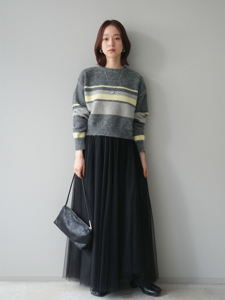 [SET]ソフトタッチボーダークロップドニットプルオーバー+チュールボリュームスカート(2set)