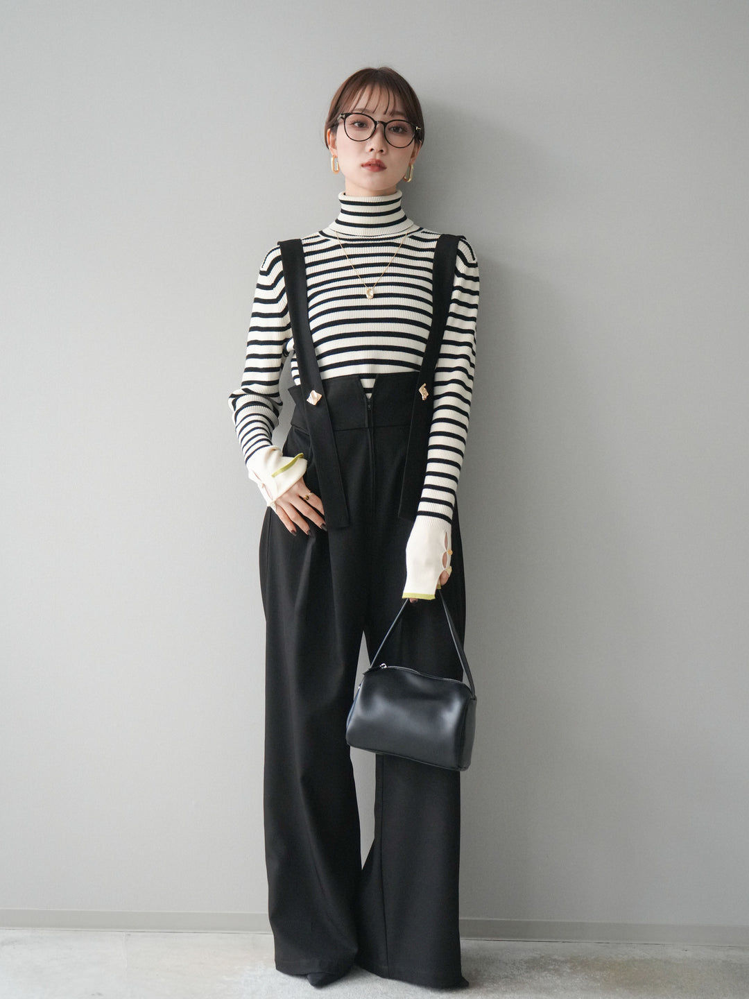 [SET]袖配色ハイネックボーダーリブニットトップス+選べるアクセセット(2set)