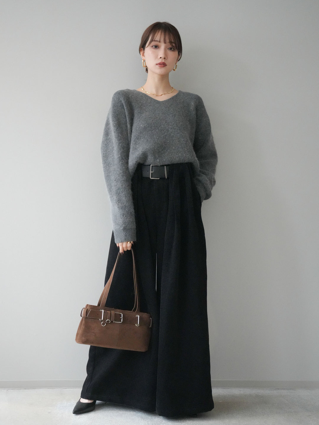 [予約]シュシュ付きアンゴラタッチVネックニットプルオーバー/gray